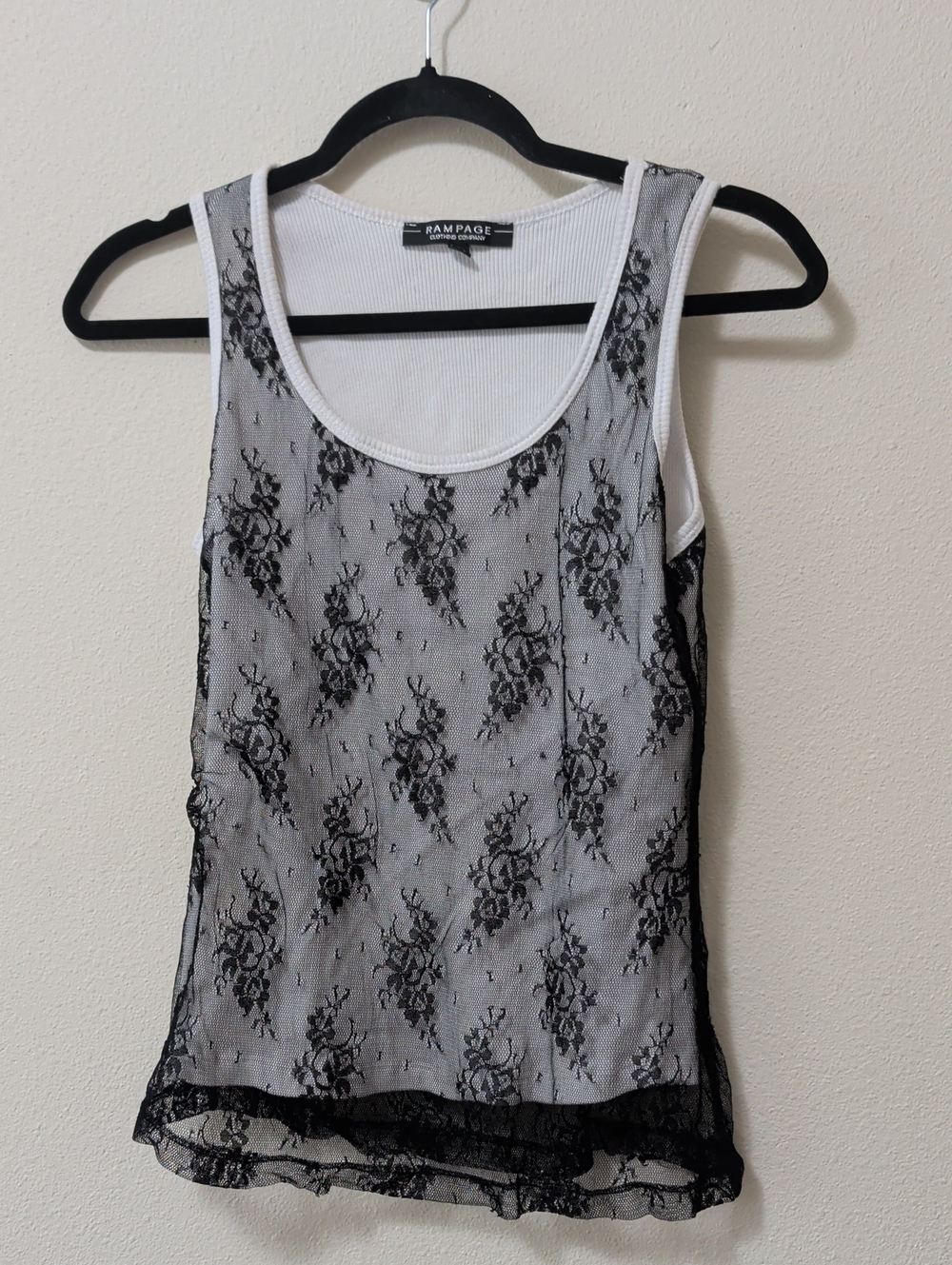 Rampage White Tank with Black Floral Lace Overlay